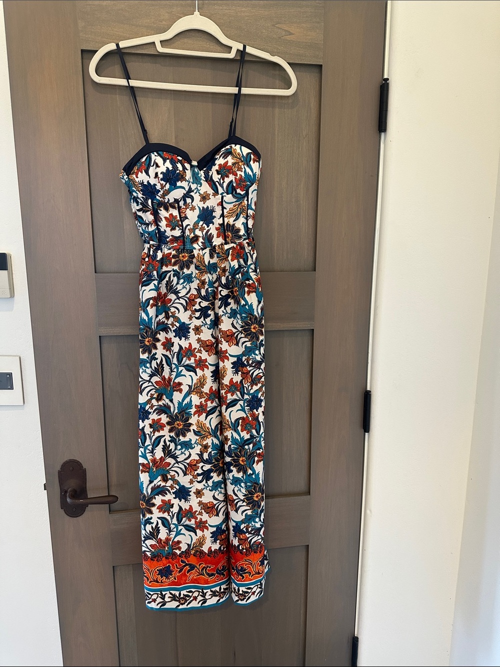Floral Print Spaghetti Strap Maxi Dress - White with Teal & Rust